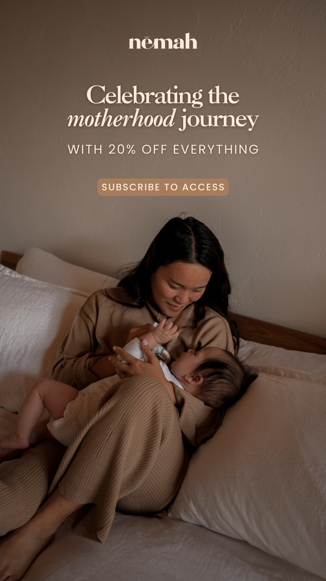 Promotional banner: Nēmah headline Celebrating the motherhood journey, 20 percent off, and a mother holding her newborn