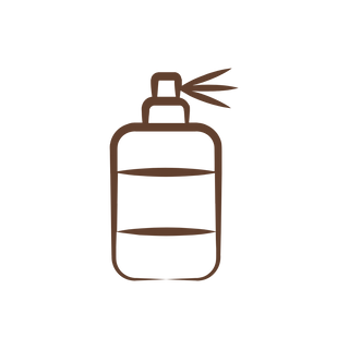 Brown line drawing of a spray bottle with liquid inside and spray coming out of the nozzle