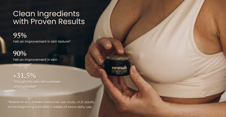 Person wearing white bra holds Nemah jar by a sink; overlay text shows product stats and percentages about skin improvement.