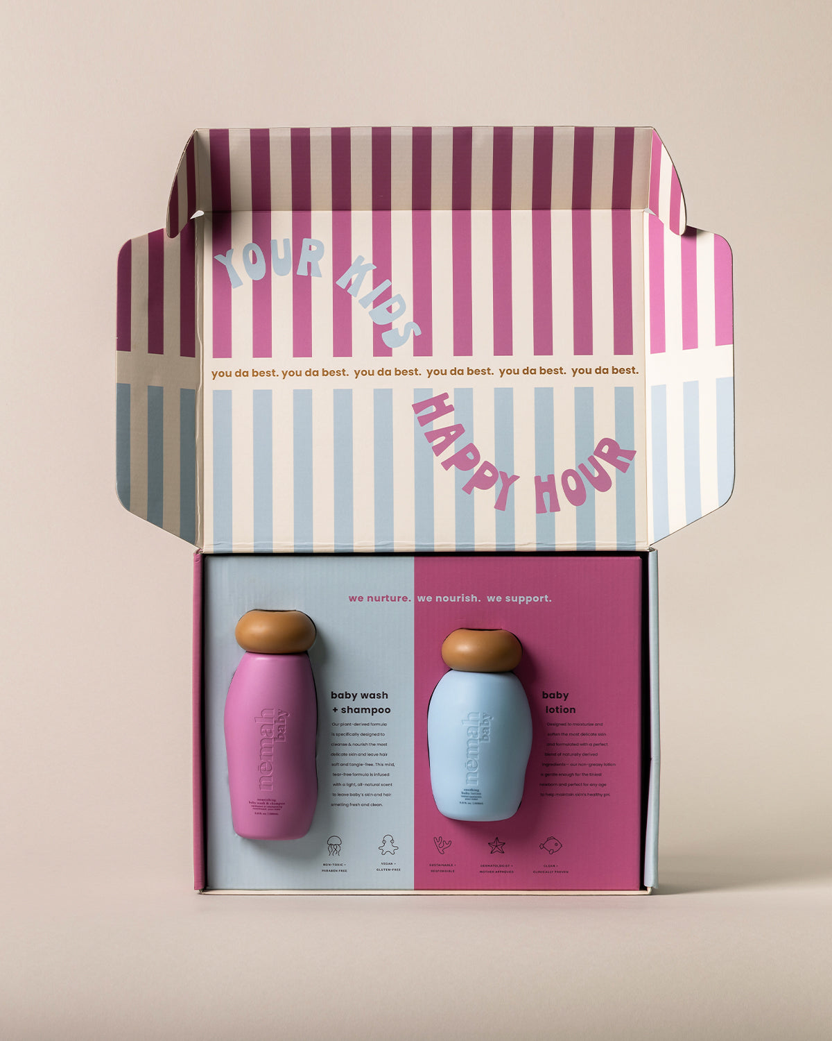 A bottle of baby wash shampoo and baby lotion inside a striped box with 'Your Kid's Happy Hour' text