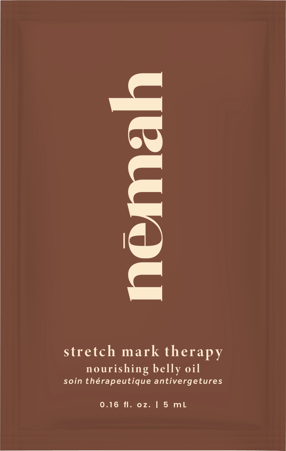 Nourishing stretch mark therapy belly oil sample packet with text: "nourish stretch mark therapy nourishing belly oil soin thérapeutique antivergetures 0.16 fl. oz. | 5 mL"
