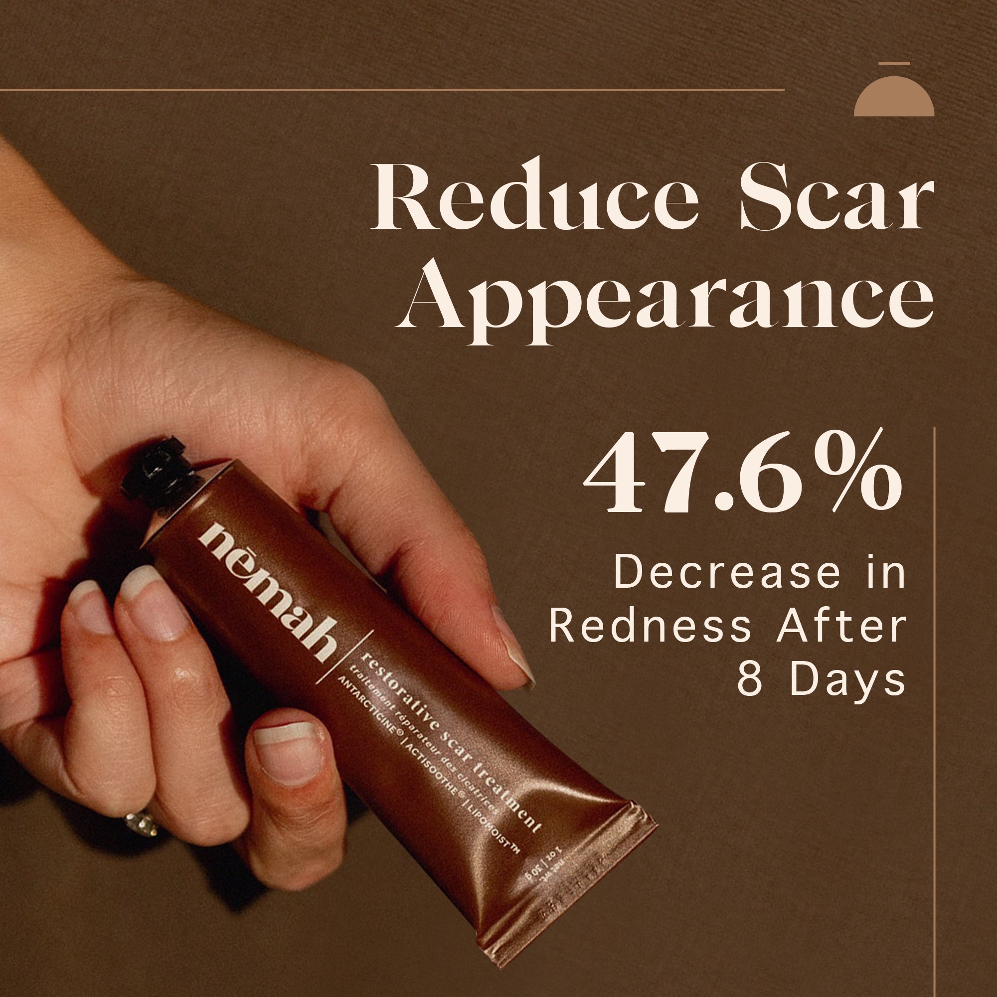 a person is holding a brown tube with written "nemah" on it and the picture has text: "reduce scar appearance. 47.6% decrease in redness after 8 days".