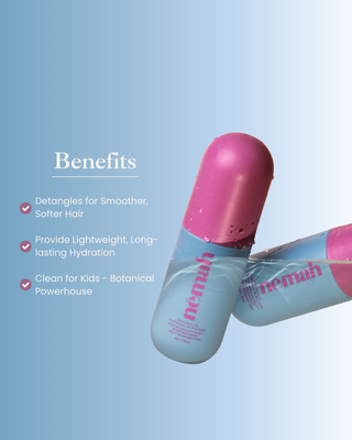 Two capsule-shaped blue bottles with pink caps labeled 'nemah' over a blue gradient; left-side text lists benefits.