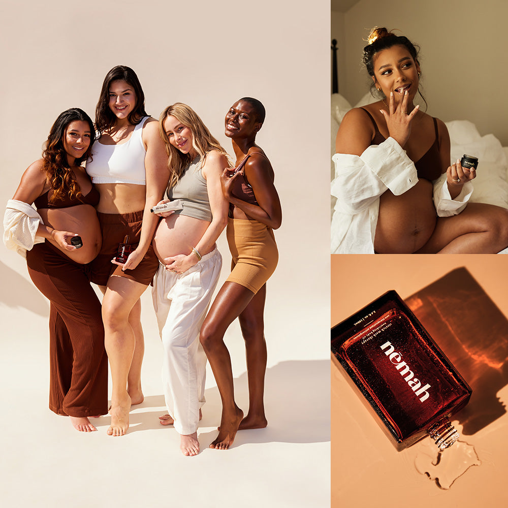 Diverse pregnant women posing with 'nomah' product.