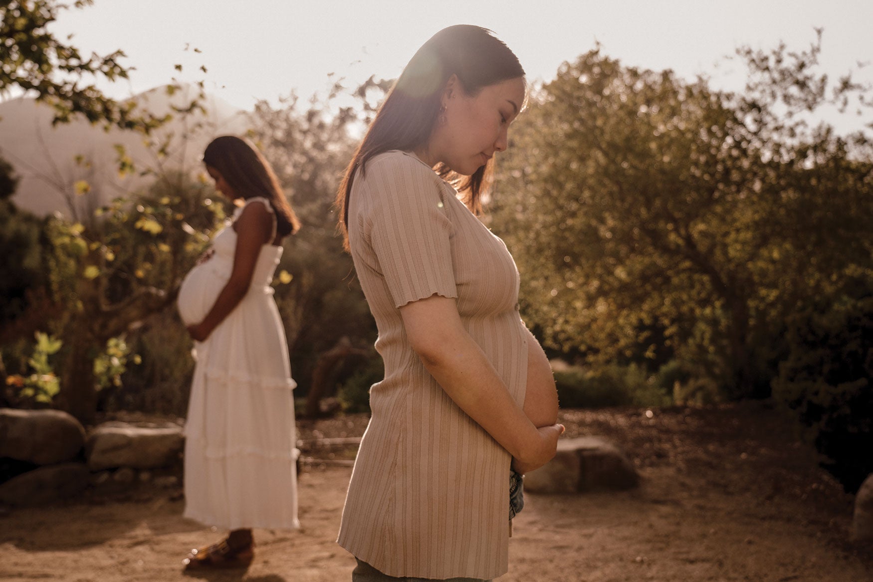 Two pregnant women standing outdoors in a sunlit garden.